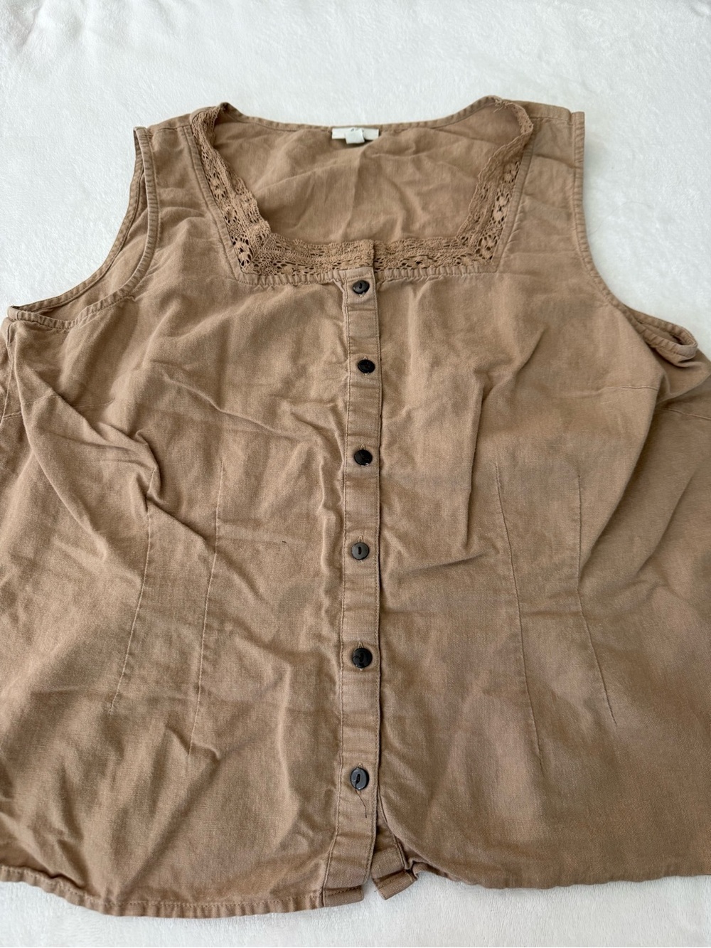 J Jill Linen Cotton Tank Shirt Top Womens L Lace Trim Camel Tan Button Up D84